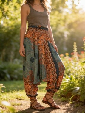 Bohemian Printed Harem Pants - Green & Orange